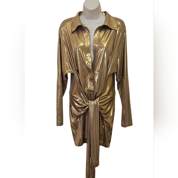 Norma Kamali Gold Metallic Tie Front Long Sleeve Mini Dress,Size Medium/38,NWT - Picture 9 of 16